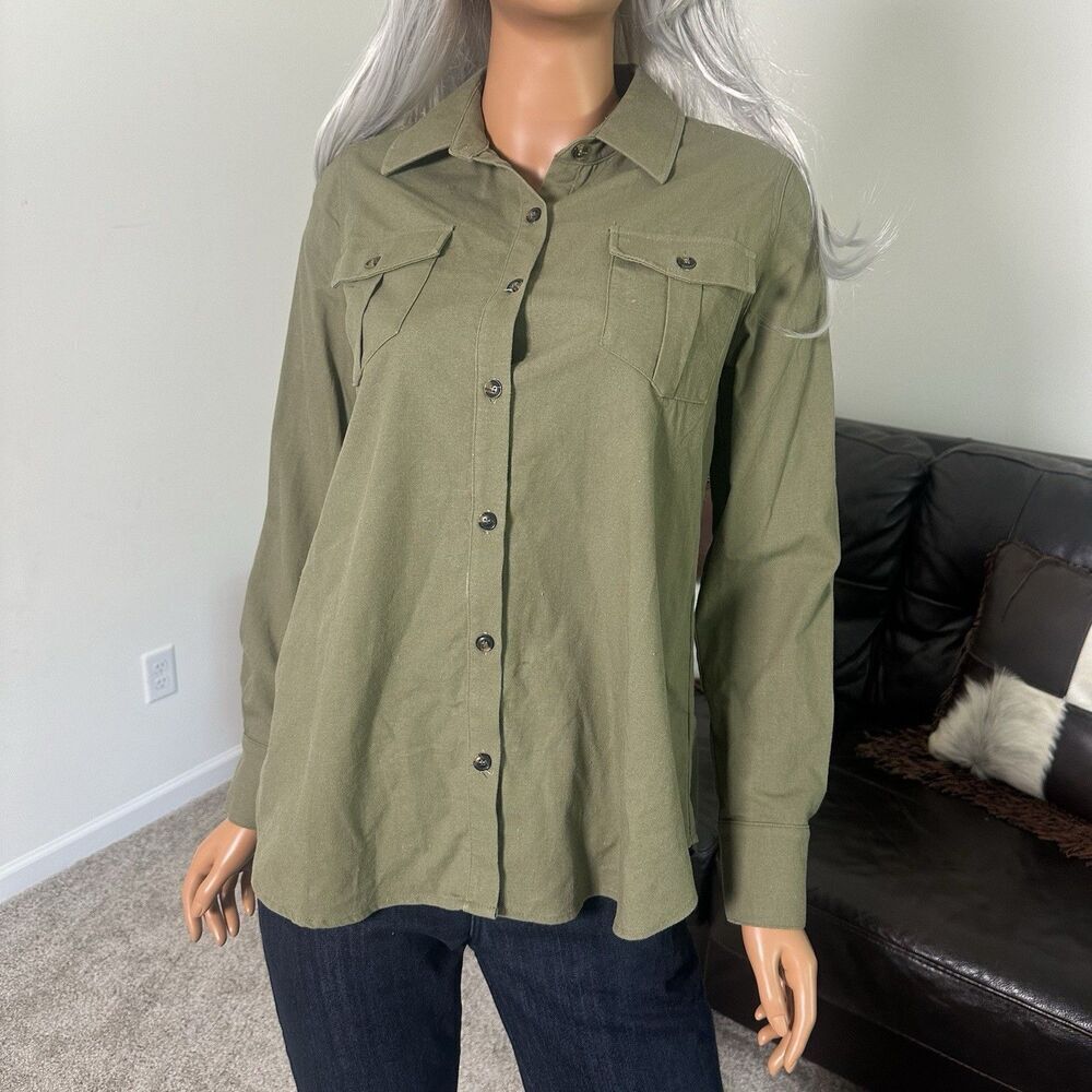 Tuckernuck Med Olive Steele Button Up Utility Blouse Shirt Linen Blend‎ Forest